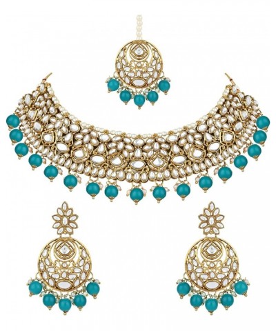 Gold Plated Wedding Handcrafted Kundan Pearl Choker Necklace Jewellery Set For Women/Girls Peacock green $21.00 Jewelry Sets