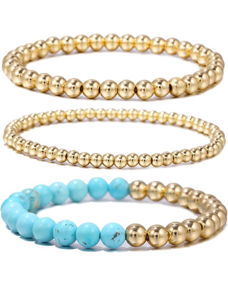 14K Gold Plated Beaded Bracelets Letter Stretch Dainty Stackable Bracelet for Women Girls turquoise+4mm+6mm $10.38 Bracelets