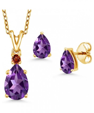 18K Yellow Gold Plated Silver Purple Amethyst and Red Garnet Pendant and Earrings Jewelry Set For Women (3.08 Cttw, Gemstone ...