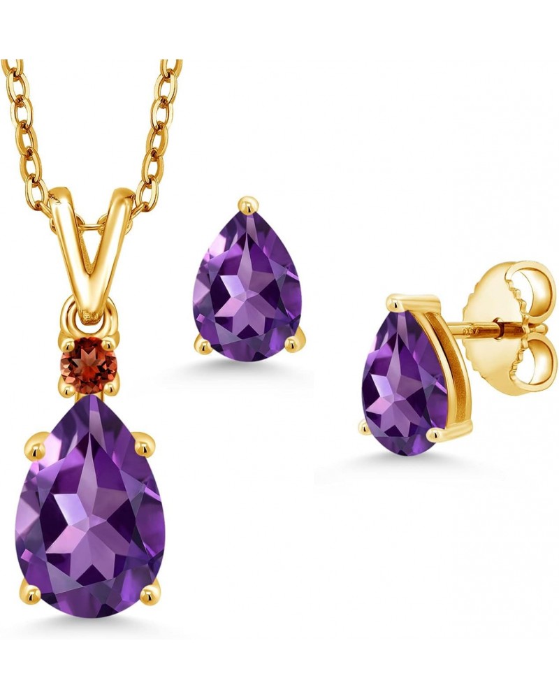 18K Yellow Gold Plated Silver Purple Amethyst and Red Garnet Pendant and Earrings Jewelry Set For Women (3.08 Cttw, Gemstone ...