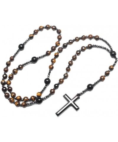 Natural Stone Rosary Necklace with Black Agate and Hematite Beads - Beaded Cross Necklace for Men and Women (Black Agate, Yel...