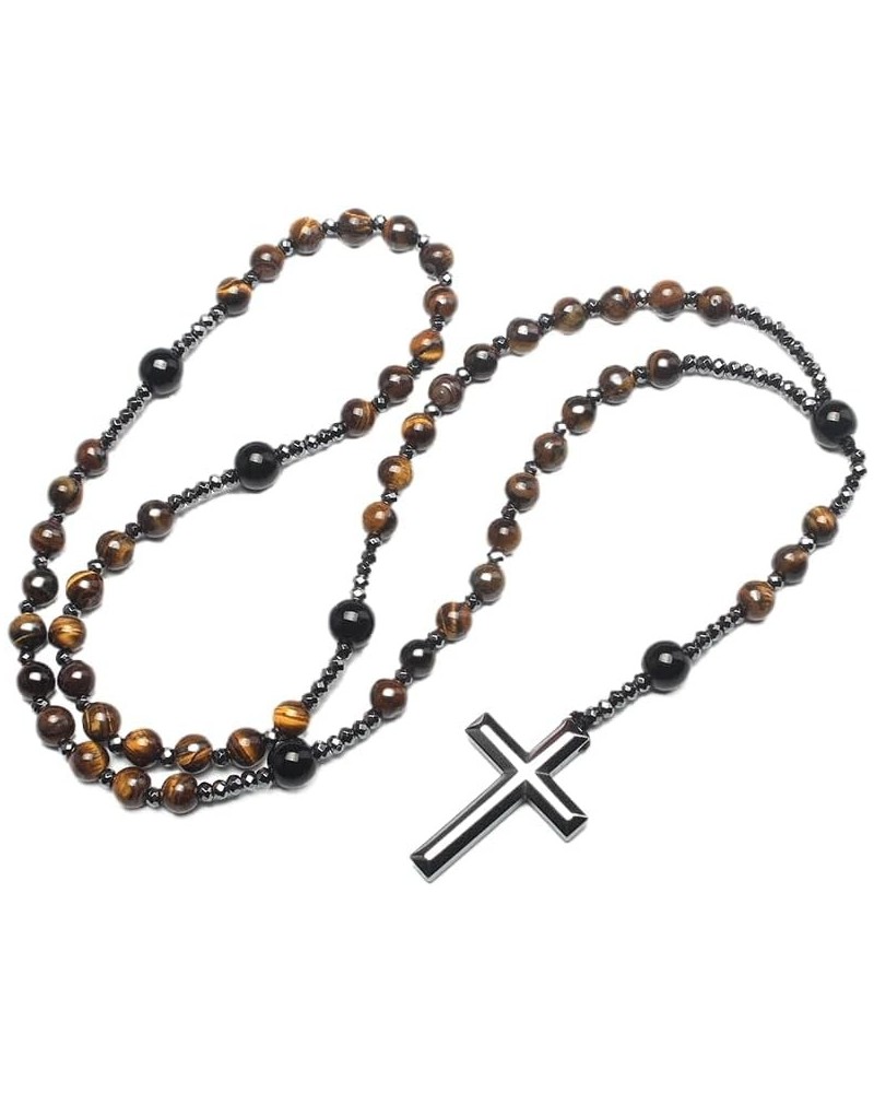 Natural Stone Rosary Necklace with Black Agate and Hematite Beads - Beaded Cross Necklace for Men and Women (Black Agate, Yel...