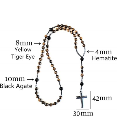 Natural Stone Rosary Necklace with Black Agate and Hematite Beads - Beaded Cross Necklace for Men and Women (Black Agate, Yel...