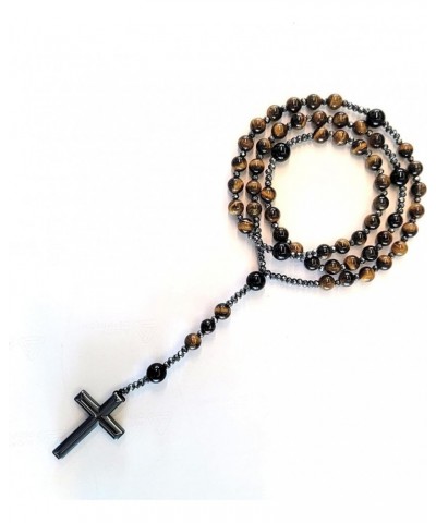 Natural Stone Rosary Necklace with Black Agate and Hematite Beads - Beaded Cross Necklace for Men and Women (Black Agate, Yel...