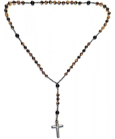 Natural Stone Rosary Necklace with Black Agate and Hematite Beads - Beaded Cross Necklace for Men and Women (Black Agate, Yel...