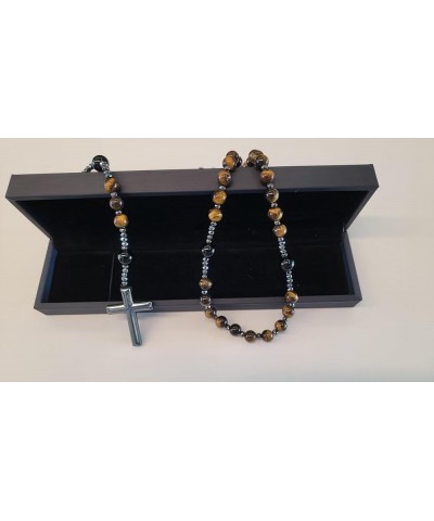 Natural Stone Rosary Necklace with Black Agate and Hematite Beads - Beaded Cross Necklace for Men and Women (Black Agate, Yel...