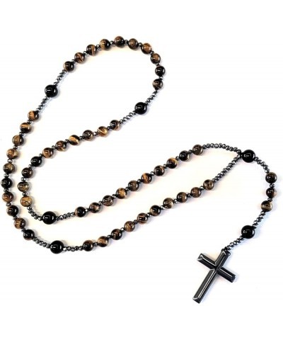 Natural Stone Rosary Necklace with Black Agate and Hematite Beads - Beaded Cross Necklace for Men and Women (Black Agate, Yel...