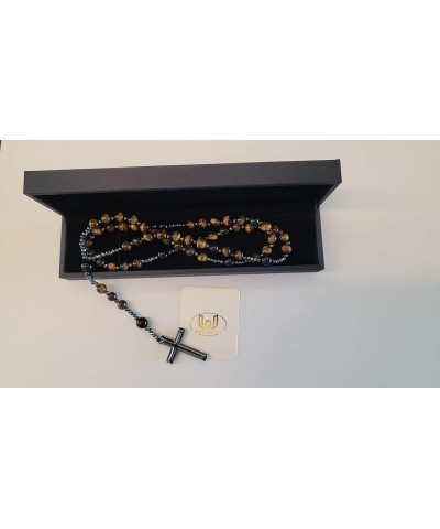 Natural Stone Rosary Necklace with Black Agate and Hematite Beads - Beaded Cross Necklace for Men and Women (Black Agate, Yel...