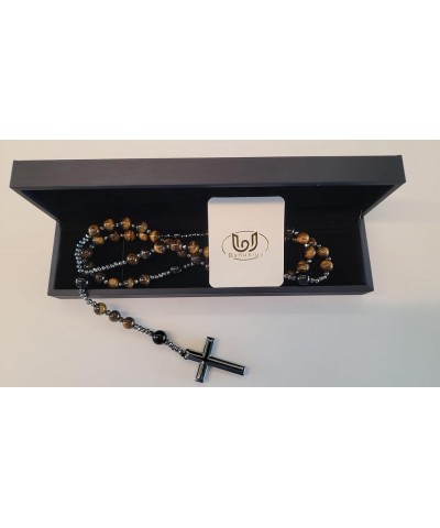 Natural Stone Rosary Necklace with Black Agate and Hematite Beads - Beaded Cross Necklace for Men and Women (Black Agate, Yel...