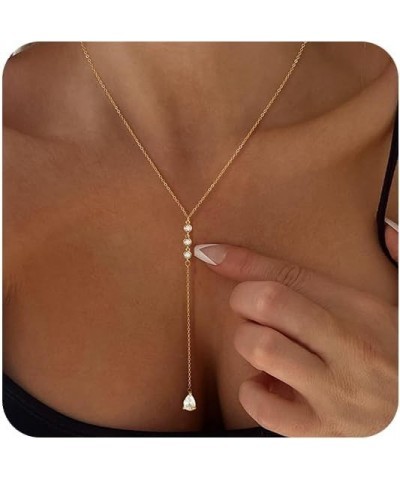 Long Gold Necklace for Women 14K Gold Plated Dainty Lariat Y Necklaces Pearl Heart Beads Cubic Zirconia Diamond Pendant Drop ...