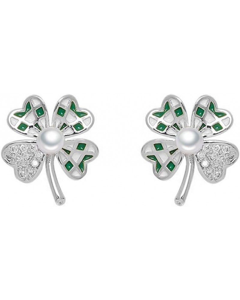 Green Checker Clover Leaf Stud Earrings for Women Girls 925 Sterling Silver Crystal Hypoallergenic Lucky 4 Leaves Shamrock Fl...