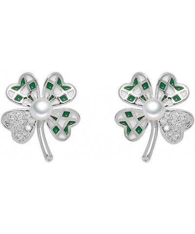 Green Checker Clover Leaf Stud Earrings for Women Girls 925 Sterling Silver Crystal Hypoallergenic Lucky 4 Leaves Shamrock Fl...