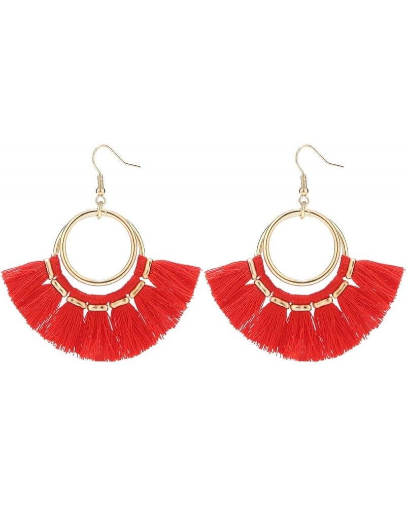 Tassel Hoop Earrings Fringe Drop Gold Tone Circle Tiered Earrings for Women Girls Bright Red $8.84 Earrings