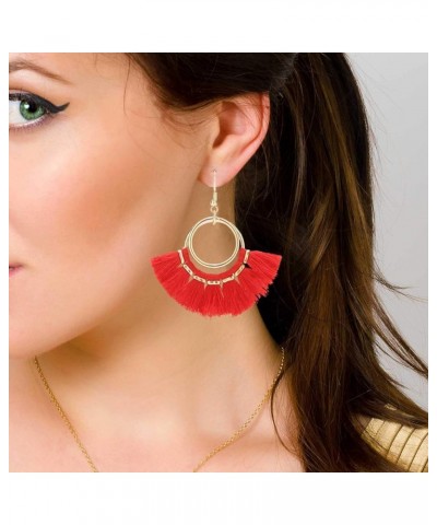 Tassel Hoop Earrings Fringe Drop Gold Tone Circle Tiered Earrings for Women Girls Bright Red $8.84 Earrings