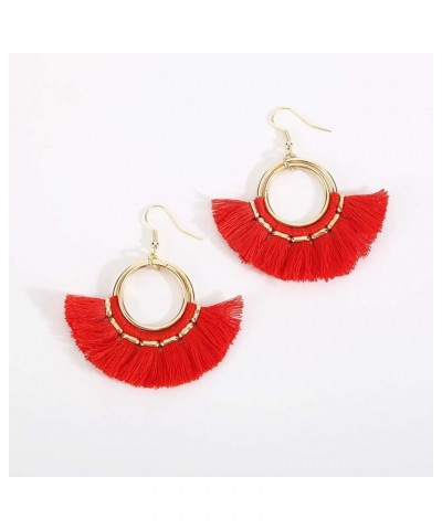 Tassel Hoop Earrings Fringe Drop Gold Tone Circle Tiered Earrings for Women Girls Bright Red $8.84 Earrings