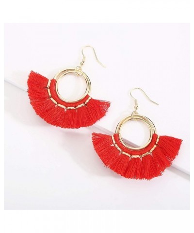 Tassel Hoop Earrings Fringe Drop Gold Tone Circle Tiered Earrings for Women Girls Bright Red $8.84 Earrings