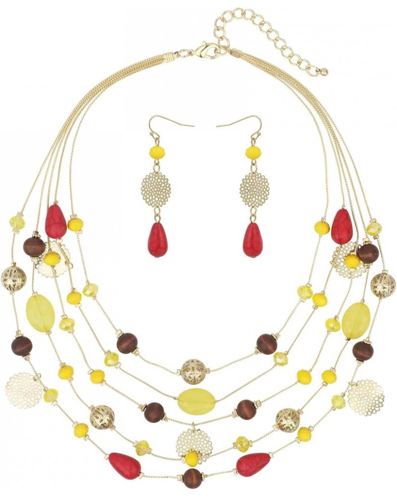 5Layer Multi Color Beaded Illusion Wire Collar Statement Necklace with Earrings for Women N0026-Yellow+Red $11.39 Jewelry Sets