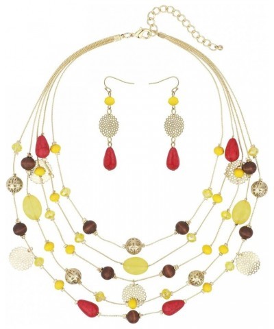 5Layer Multi Color Beaded Illusion Wire Collar Statement Necklace with Earrings for Women N0026-Yellow+Red $11.39 Jewelry Sets