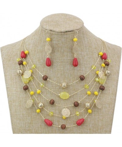 5Layer Multi Color Beaded Illusion Wire Collar Statement Necklace with Earrings for Women N0026-Yellow+Red $11.39 Jewelry Sets