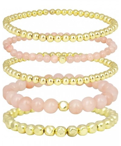 Gold Beaded Bracelets for Women Girls Natural Stone Stackable 14K Gold Plated 4-5PCS Bead Ball Stretch Bracelet Set Minimalis...