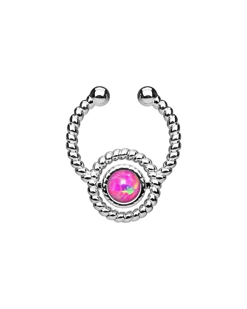 1pc NON-Piercing Silver Roped Circle Design Septum Hanger Opal Gem Fake Nose Ring Silver with Pink Opal $8.47 Body Jewelry