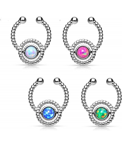 1pc NON-Piercing Silver Roped Circle Design Septum Hanger Opal Gem Fake Nose Ring Silver with Pink Opal $8.47 Body Jewelry