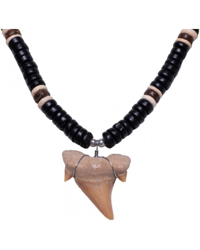 Fossil Shark Tooth on Coconut Beads Necklace Black $16.47 Necklaces