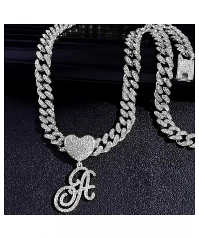 Cursive Silver Initial Pendant Necklaces Alphabet Pendant Miami Cuban Link Chain Necklace for women Hip Hop Iced Out Letter C...