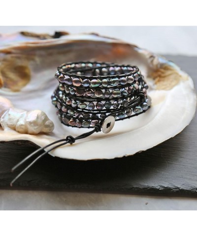 Multi-layer Hand Crafted Cultured Freshwater Pearl Gemstone Beaded on Genuine Leather Boho Style Leather Wrap Bracelet Super ...