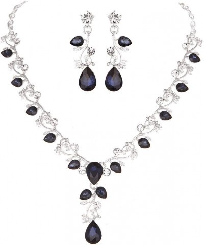 Leaf Vine Crystal Necklace Earrings Jewelry Set for Bridesmaids V-Neck Formal Evening Dress Navy Blue $10.25 Jewelry Sets