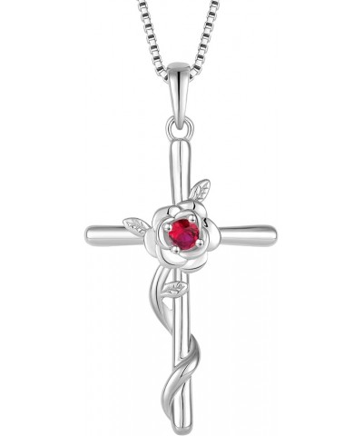 Cross Necklace for Women 925 Sterling Silver Rose Flower Birthstone Pendant Crucifix Faith Religion Necklace Created Gemstone...