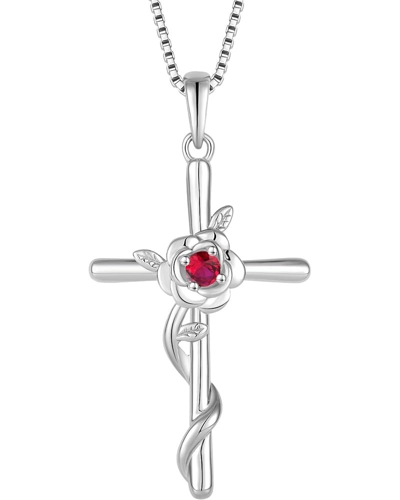 Cross Necklace for Women 925 Sterling Silver Rose Flower Birthstone Pendant Crucifix Faith Religion Necklace Created Gemstone...