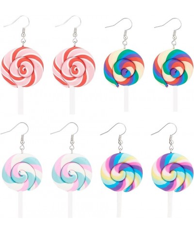 4 Colors Rainbow Lollipop Earrings Swirl Polymer Clay Pendents Earrings Handmade Simulation Food Dangle Earrings Alloy Long D...