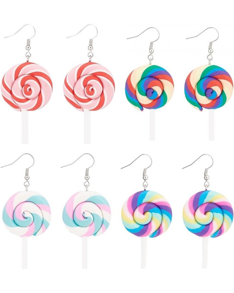 4 Colors Rainbow Lollipop Earrings Swirl Polymer Clay Pendents Earrings Handmade Simulation Food Dangle Earrings Alloy Long D...