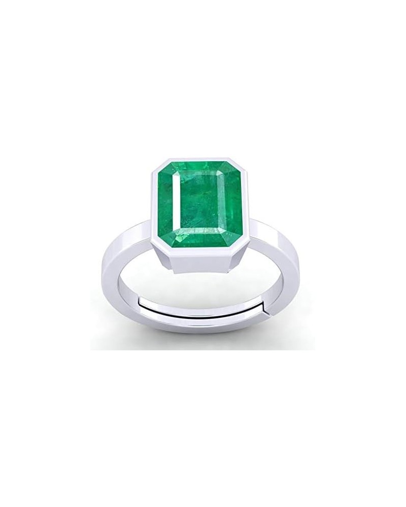 Natural Certified Genuine Gemstone Silver White Rhodium Plated Women Adjustable Silver Ring 4 Carat Square Shape Green Emeral...