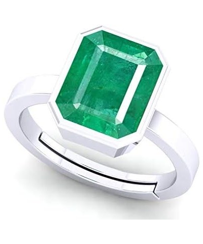 Natural Certified Genuine Gemstone Silver White Rhodium Plated Women Adjustable Silver Ring 4 Carat Square Shape Green Emeral...