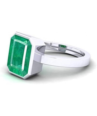 Natural Certified Genuine Gemstone Silver White Rhodium Plated Women Adjustable Silver Ring 4 Carat Square Shape Green Emeral...