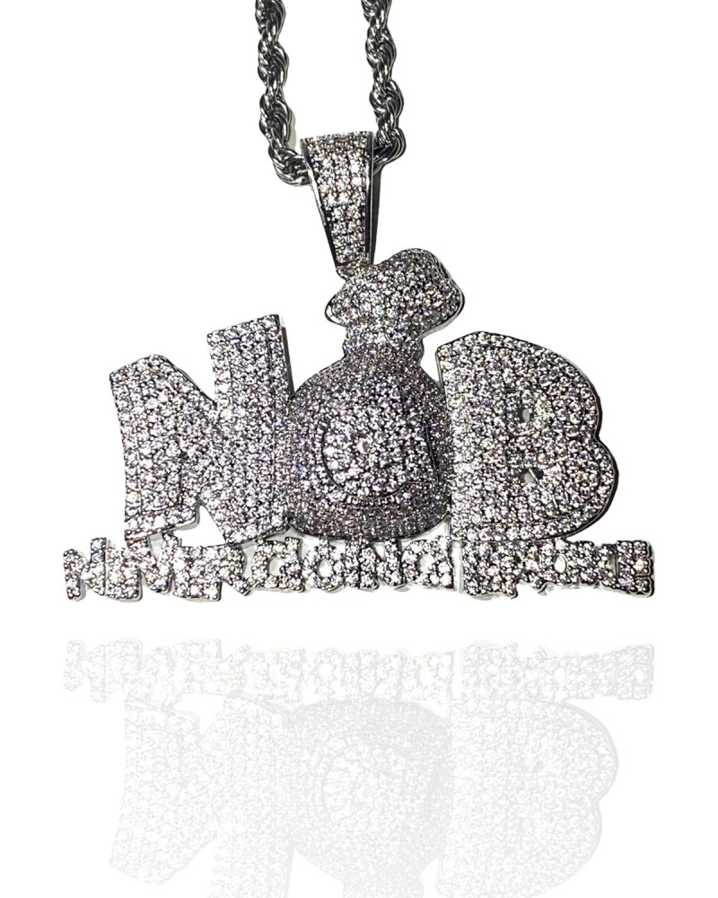 Never Going Broke NGB Money Custom Pendant Iced Diamond cz Necklace Men Women 925 Italy 14k White Gold Finish Iced Silver Cha...