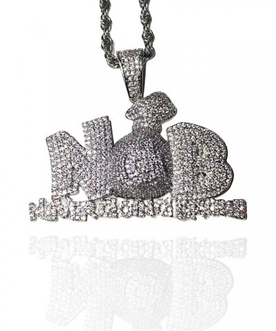 Never Going Broke NGB Money Custom Pendant Iced Diamond cz Necklace Men Women 925 Italy 14k White Gold Finish Iced Silver Cha...