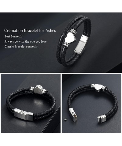 Cremation Bracelet with Magnetic Clasp Beads Cowhide Multi-Layer Braided Leather Urn Bracelet for Men Women Silver 22cm/8.66i...