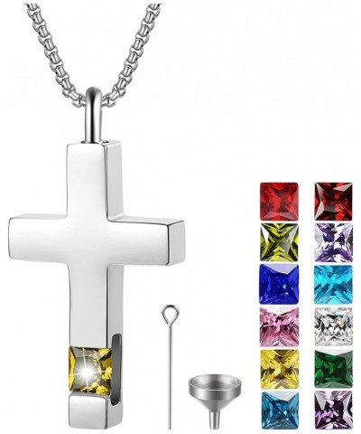 Birthstones Cross Cremation Urn Necklace for Ashes Crystal Zircon Cubic Vertical Bar Memorial Pendant Keepsake Ashes Necklace...