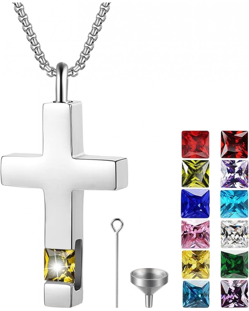 Birthstones Cross Cremation Urn Necklace for Ashes Crystal Zircon Cubic Vertical Bar Memorial Pendant Keepsake Ashes Necklace...