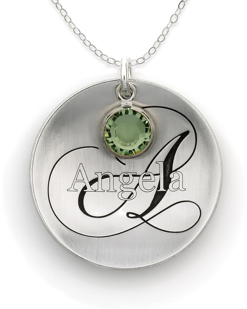 Domed Name Like No Other Personalized with Swarovski Birthstone Necklace. Sterling Silver Pendant Showcases a Name and Monogr...