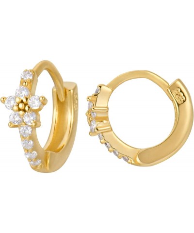 18K Gold Plated Sterling Silver Gem Flower Clicker Mini Cartilage Hoop Earrings | Cubic Zirconia Paved Tiny Huggie Hoops Flow...