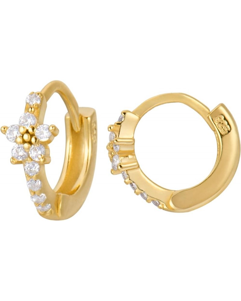 18K Gold Plated Sterling Silver Gem Flower Clicker Mini Cartilage Hoop Earrings | Cubic Zirconia Paved Tiny Huggie Hoops Flow...