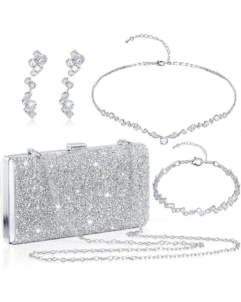 4 Pieces Women Rhinestone Evening Clutch Bag Silver Clutch Purses Bag for Women Evening Rhinestone Jewelry Set Stylish Style ...