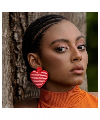 Valentine's Day Earrings Beaded Striped Heart Drop Earrings In Hot Pink And Red Fashion Simplicity Love Dangle Earrings for W...