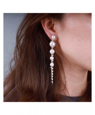 Vintage Crystal Pearl Dangle Earrings Rhinestone Long Tassel Pearl Earrings Long Pearl Drop Studs Earrings Cz Wedding Pearl C...