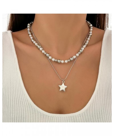 Star Beads Double Layer Choker Necklace Silver Star Pearl Chain Necklace Punk Y2K Jewelry Gifts for Women and Girls One size ...