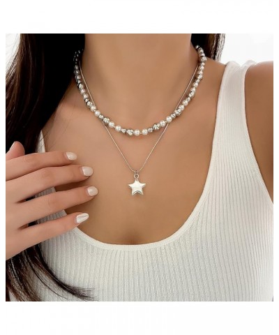 Star Beads Double Layer Choker Necklace Silver Star Pearl Chain Necklace Punk Y2K Jewelry Gifts for Women and Girls One size ...